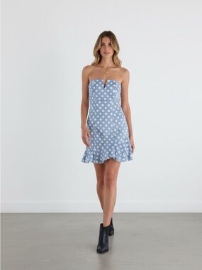 Vici Light Blue and White Polka Dot Strapless Mini Dress